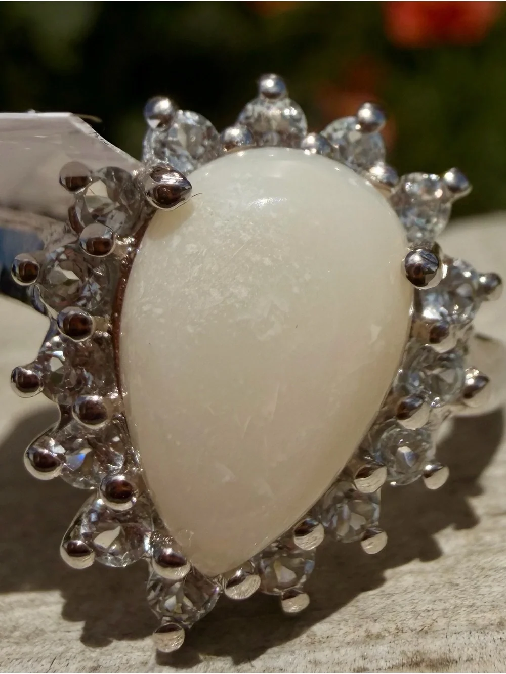 Brilliant White Opal & Blue Topaz Ring | 14K White Gold Plated|Size 8